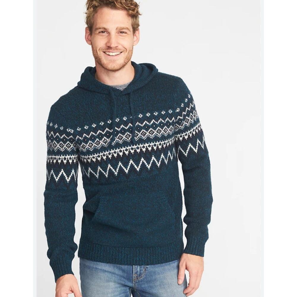 Old Navy Men’s Teal Fair Isle Knit Sweater Hoodie Sz Xxl